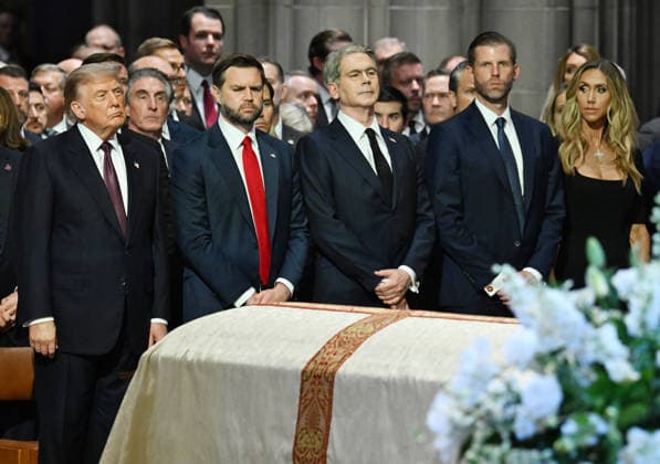 President Donald Trump, Vice President JD Vance, Secretary of the Treasury Scott Bessent and Eric Trump and wife Lara Trump (L to R) attend the funeral service for the late Sen. Lindsey Graham, R-SC, at Washington National Cathedral in Washington, DC on Tuesday, July 28, 2026.  WAP20260728813 ANNABELLExGORDON