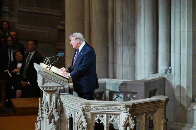 President Donald Trump delivers the eulogy at the funeral for Sen. Lindsey Graham, R-SC, at the National Cathedral in Washington DC on Tuesday, July 28, 2026. Graham, who served in Congress for 31 years, died on July 11 at the age of 71.  WAP20260728817 ANNABELLExGORDON