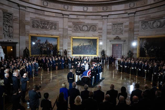 Lindsey Graham Congressional Tribute UNITED STATES - JULY 28: An Armed Forces Body Bearer Team arrives with the casket of the late Sen. Lindsey Graham, R-S.C., during a Congressional tribute ceremony in the U.S. Capitol Rotunda on Tuesday, July 28, 2026. (Tom Williams CQ Roll Call) Washington DC United States EDITORIAL USE ONLY Copyright: x2026xCQ-RollxCall,xInc.x TomxWilliamsx rollcallpix172284