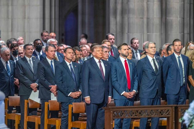 Lindsey Graham Funeral in the Washington National Cathedral United States President Donald J Trump and guests at the funeral service for the late US Senator Lindsey Graham (Republican of South Carolina) at the Washington National Cathedral in Washington, DC, USA, on Tuesday July 28, 2026. From left to right: Prime Minister Benjamin Netanyhu of Israel, John Ratcliffe, Director, Central Intelligence Agency (CIA), Associate Justice of the Supreme Court Brett Kavanaugh, unknown, President Trump, US Vive President JD Vance, United States Secretary of the Treasury Scott Bessent, and Eric Trump. Photo by Ron Sachs CNP ABACAPRESS.COM Washington District of Columbia United States  Copyright: xCNP ABACAx