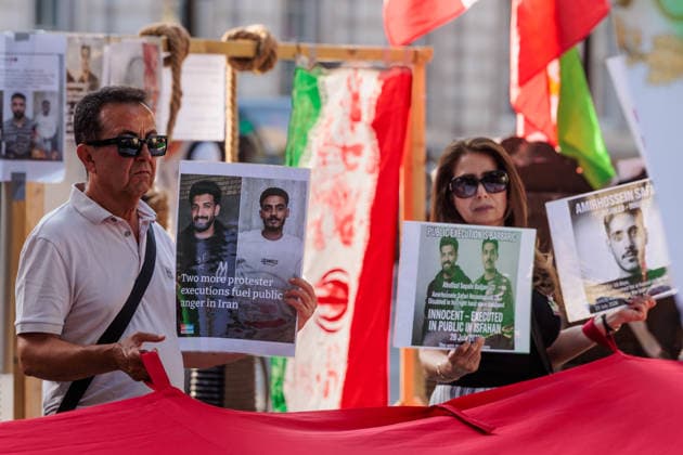 No to Iranian Executions Protest , London, UK. Whitehall, London, UK. 12th May 2026. Members of the Iranian community in London held an emotional protest opposite Downing Street, following the public execution in Isfahan, Iran, of political prisoners, Abolfazl Sepahi-Badjani and Amirhossein Safari-Hosseinabadi, who were arrested for taking part in the nationwide protests on 8th 9th Jan 2026., Credit:Photo by Amanda Rose Amanda Rose Avalon United Kingdom, London, Westminster, Whitehall  Copyright: xPhotoxbyxAmandaxRosex xAmandaxRosex xAvalonx 1119354678
