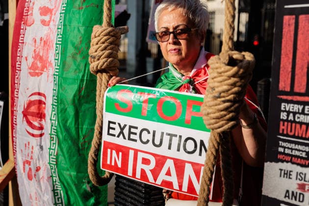 No to Iranian Executions Protest , London, UK. Whitehall, London, UK. 12th May 2026. Members of the Iranian community in London held an emotional protest opposite Downing Street, following the public execution in Isfahan, Iran, of political prisoners, Abolfazl Sepahi-Badjani and Amirhossein Safari-Hosseinabadi, who were arrested for taking part in the nationwide protests on 8th 9th Jan 2026., Credit:Photo by Amanda Rose Amanda Rose Avalon United Kingdom, London, Westminster, Whitehall  Copyright: xPhotoxbyxAmandaxRosex xAmandaxRosex xAvalonx 1119354692