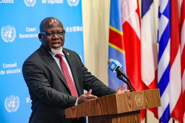 July 28, 2026, New York, New York, United States: ZENON MUKONGO NGAY, Permanent Representative of the Democratic Republic of the Congo to the United Nations and President of the Security Council for July, speaks to reporters following closed consultations at UNHQ. Mukongo Ngay discussed preparations for the Security CouncilÃ¢â‚¬â ¢s first informal straw poll in the selection process for the next United Nations Secretary-General, scheduled to take place on July 30. New York United States - ZUMAo116 20260728_znp_o116_086 Copyright: xBiancaxOterox