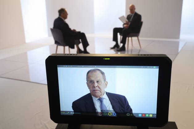 RUSSIA, MOSCOW - JULY 16, 2026: Russia s Minister of Foreign Affairs Sergei Lavrov (L) during an interview with TASS General Director Andrei Kondrashov. Alexander Shcherbak TASS  95586963