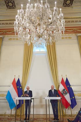 - Wien 29.07.2026 - Stocker - Frieden - Heute traf der österreichische Bundeskanzler Christian Stocker (ÖVP) im Bundeskanzleramt mit dem Premierminister von Luxemburg Luc Frieden zu einem Arbeitsgespräch zusammen. Anschliessend gab es eine Pressekonferenz. PHOTO: Bundeskanzler Christian Stocker (L ÖVP) und der luxemburgische Premier Luc Frieden während der Pressekonferenz im bundeskanzleramt. Vienna (AUSTRIA) - Today, the Austrian Federal Chancellor, Christian Stocker (ÖVP), met with the Prime Minister of Luxembourg, Luc Frieden, at the Federal Chancellery for a working meeting. OVP, Oevp, government, PK, talks, EU, UE, Europe, Europa, Luxembourg, Treffen Bundeskanzler Stocker - Premierminister Frieden Luxemburg *** Vienna, July 29 
