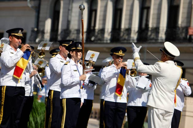 (260729) -- BUCHAREST, July 29, 2026 -- A military band performs during ceremonies marking the National Anthem Day in Bucharest, Romania, July 29, 2026. (Photo by Xinhua) ROMANIA-BUCHAREST-NATIONAL ANTHEM DAY CristianxCristel 