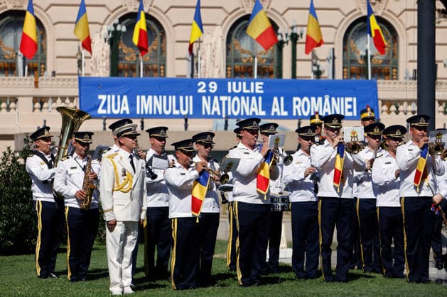 (260729) -- BUCHAREST, July 29, 2026 -- A military band performs during ceremonies marking the National Anthem Day in Bucharest, Romania, July 29, 2026. (Photo by Xinhua) ROMANIA-BUCHAREST-NATIONAL ANTHEM DAY CristianxCristel 