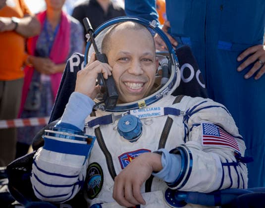 July 29, 2026, Zhezkazgan, Kazakhstan: NASA astronaut Chris Williams smiles as he speaks by satellite phone with family members after being recovered from the Soyuz MS-28 spacecraft moments after landing, July 26, 2026 near the town of Zhezkazgan, Kazakhstan. Williams landed with cosmonauts Sergei Mikaev and Sergey Kud-Sverchkov, after 241 days in space aboard the International Space Station. Zhezkazgan Kazakhstan - ZUMAp138 20260729_zaa_p138_023 Copyright: xBillxIngalls Nasax