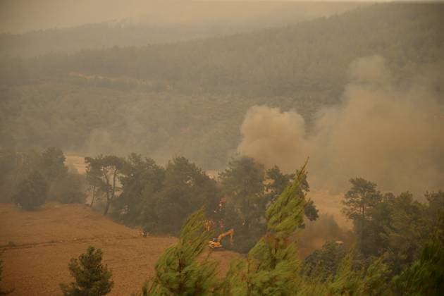 Firefighting efforts continue in Turkiye s Mugla MUGLA, TURKIYE - JULY 29: Firefighters battle the wildfire with ground and aerial operations in Seydikemer district of Mugla, Turkiye on July 29, 2026. Ali Riza Akkir Anadolu Mugla Turkey. Editorial use only. Please get in touch for any other usage.  Copyright: x2026xAnadoluxAlixRizaxAkkirx