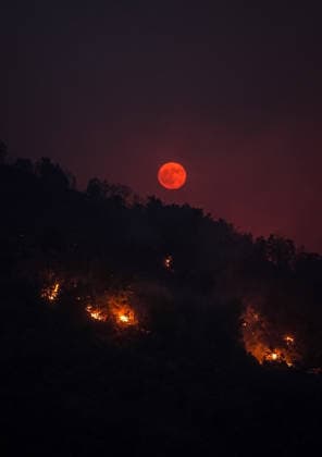 Firefighting efforts continue in Turkiye s Balikesir BALIKESIR, TURKIYE - JULY 29: The full moon appears red due to the flames illuminating the night as smoke from the fire area fills the sky while firefighters and Turkish General Directorate of Forestry teams continue their efforts to extinguish the fire that broke out in the forest area from air and land during the night in Gomec district of Balikesir, Turkiye on July 29, 2026. Sergen Sezgin Anadolu Balikesir Turkey. Editorial use only. Please get in touch for any other usage.  Copyright: x2026xAnadoluxSergenxSezginx