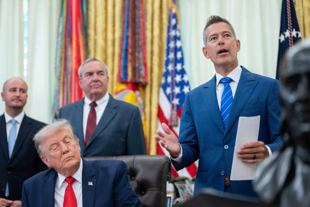 Secretary of Transportation Sean Duffy speaks as President Donald Trump makes an announcement in the Oval Office of the White House in Washington, DC, USA on Wednesday, July 29, 2026. The President is announcing a redesign and overhaul of Washington Dulles International Airport in Northern Virginia.  WASP20260729126 AaronxSchwartz