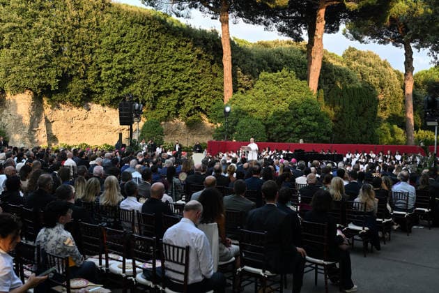 ITALY - POPE LEO XIV DURING A CONCERT IN BORGO LAUDATO SI , A 55-HECTARE EDUCATIONAL AND ENVIRONMENTAL CENTER, AT CASTEL GANDOLFO - 2026 7 29 Italy, Castel Gandolfo , Vatican, 2026 7 29 Pope Leo XIV during a concert in Borgo Laudato Si, a 55-hectare educational and environmental center, at Castel Gandolfo . EDITORIAL USE ONLY - NO BOOKS Copyright: xALESSIAxGIULIANIx