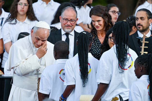 ITALY - POPE LEO XIV DURING A CONCERT IN BORGO LAUDATO SI , A 55-HECTARE EDUCATIONAL AND ENVIRONMENTAL CENTER, AT CASTEL GANDOLFO - 2026 7 29 Italy, Castel Gandolfo , Vatican, 2026 7 29 Pope Leo XIV during a concert in Borgo Laudato Si, a 55-hectare educational and environmental center, at Castel Gandolfo . EDITORIAL USE ONLY - NO BOOKS Copyright: xALESSIAxGIULIANIx
