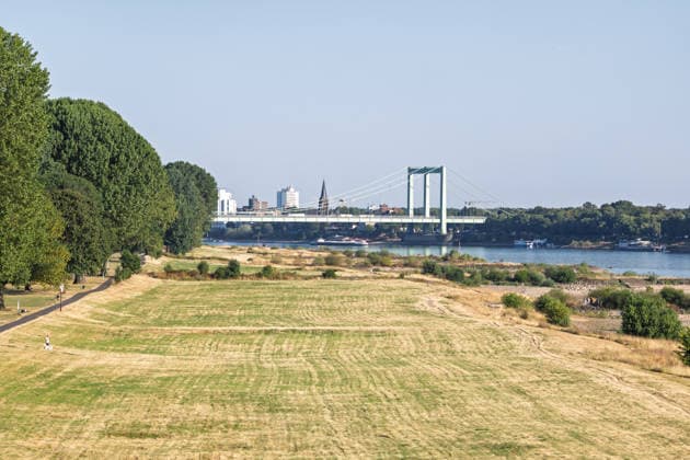 Niedrigwasser am Rhein: Blick von der Kölner Südbrücke Richtung Rodenkirchen Anhaltende Hitzewelle in NRW: Der Pegel Köln liegt bei 70 cm nur 1 cm über dem historischen Tiefstwert von 69 cm vom 23. Oktober 2018. Blick von der Kölner Südbrücke (Eisenbahnbrücke, Baujahr 1910) rheinaufwärts Richtung Süden, im Hintergrund die Rheinbrücke Köln-Rodenkirchen (A4). Köln Nordrhein-Westfalen Deutschland *** Low water levels on the Rhine; view from Cologne’s Südbrücke toward Rodenkirchen; ongoing heat wave in North Rhine-Westphalia; the water level at Cologne is 70 cm, just 1 cm above the all-time low of 69 cm recorded on October 23, 2018; view from Cologne’s Südbrücke; railroad bridge, built in 1910, looking upstream toward the sou Copyright: xMarcxJohnx