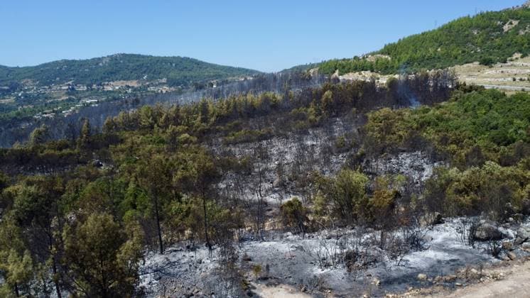 Aerial ciew reveals wildfire damage in Kumluca, Antalya ANTALYA, TURKIYE - JULY 30: An aerial view shows forested areas and buildings damaged by a wildfire that was brought under control in the Kumluca district of Antalya, on July 30, 2026 in Antalya, Turkiye. The fire left large areas of vegetation scorched and caused damage to properties in the affected region. Kasim Sakalli Anadolu Antalya Turkey. Editorial use only. Please get in touch for any other usage.  Copyright: x2026xAnadoluxKasimxSakallix