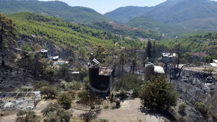 Aerial ciew reveals wildfire damage in Kumluca, Antalya ANTALYA, TURKIYE - JULY 30: An aerial view shows forested areas and buildings damaged by a wildfire that was brought under control in the Kumluca district of Antalya, on July 30, 2026 in Antalya, Turkiye. The fire left large areas of vegetation scorched and caused damage to properties in the affected region. Kasim Sakalli Anadolu Antalya Turkey. Editorial use only. Please get in touch for any other usage.  Copyright: x2026xAnadoluxKasimxSakallix