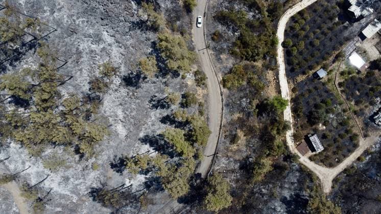 Aerial ciew reveals wildfire damage in Kumluca, Antalya ANTALYA, TURKIYE - JULY 30: An aerial view shows forested areas and buildings damaged by a wildfire that was brought under control in the Kumluca district of Antalya, on July 30, 2026 in Antalya, Turkiye. The fire left large areas of vegetation scorched and caused damage to properties in the affected region. Kasim Sakalli Anadolu Antalya Turkey. Editorial use only. Please get in touch for any other usage.  Copyright: x2026xAnadoluxKasimxSakallix