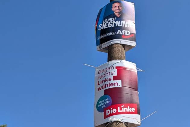 Halle (Saale), Sachsen-Anhalt, Deutschland, 30.07.2026: Wahlplakate zur Landtagswahl von Ulrich Siegmund (AfD) und der Linken *** Halle, Saale, Saxony-Anhalt, Germany, July 30, 2026: Election posters for the state legislative election featuring Ulrich Siegmund of the AfD and The Left Copyright: xdtsxNachrichtenagenturx dts_129051