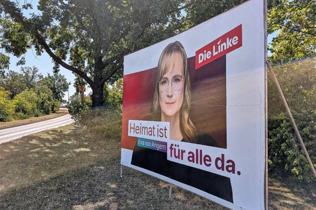 Halle (Saale), Sachsen-Anhalt, Deutschland, 30.07.2026: Wahlplakat zur Landtagswahl von Eva von Angern (Linke) *** Halle, Saale, Saxony-Anhalt, Germany, July 30, 2026 Election poster for the state election by Eva von Angern (The Left) Copyright: xdtsxNachrichtenagenturx dts_129047