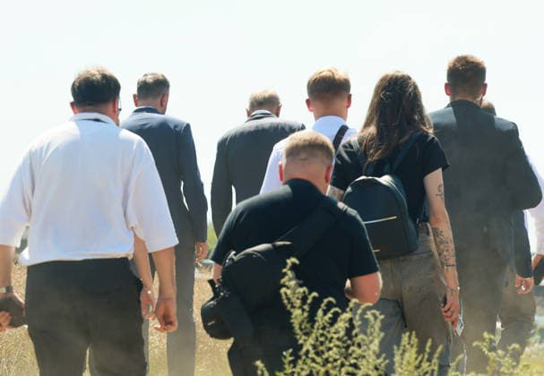Russian missile crashed in eastern Poland Photo: Wojciech Olkusnik East News Polish prime minister Donald Tusk (C) leaves after a press conference near the site of a crater in a field left by an unidentified object that is believed to be a Russian missile near the village of Tarnawa Kolonia on July 30, 2026 in eastern Poland. EN_01681810_0044 