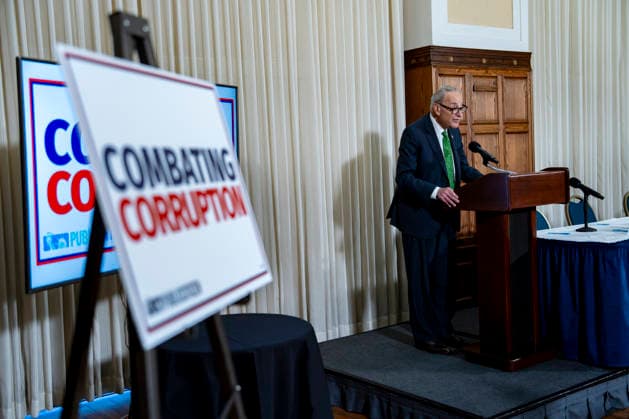 Senate Minority Leader Chuck Schumer, D-NY, speaks during an anti-corruption forum at the National Press Club in Washington, DC on Thursday, July 29, 2026. Schumer announced a bill that would create a federal agency, the Anti-Corruption Bureau, to investigate corruption, particularly targeting the Trump Administration.  WAP20260730304 BONNIExCASH