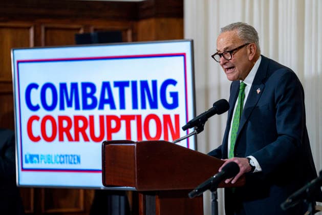 Senate Minority Leader Chuck Schumer, D-NY, speaks during an anti-corruption forum at the National Press Club in Washington, DC on Thursday, July 29, 2026. Schumer announced a bill that would create a federal agency, the Anti-Corruption Bureau, to investigate corruption, particularly targeting the Trump Administration.  WAP20260730308 BONNIExCASH
