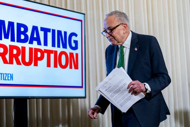 Senate Minority Leader Chuck Schumer, D-NY, departs after speaking during an anti-corruption forum at the National Press Club in Washington, DC on Thursday, July 29, 2026. Schumer announced a bill that would create a federal agency, the Anti-Corruption Bureau, to investigate corruption, particularly targeting the Trump Administration.  WAP20260730312 BONNIExCASH