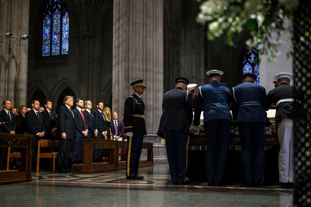 July 30, 2026, Washington, Dc, United States: U.S. President Donald Trump, left looks on as the casket of senior U.S Senator Lindsey Graham, R-SC, is carried by honor guards during the memorial service at Washington National Cathedral, July 28, 2026, in Washington, D.C. Washington United States - ZUMAp138 20260730_zaa_p138_006 Copyright: xDanielxTorok WhitexHousex