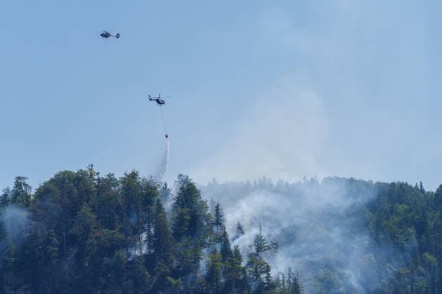 Firefighters battle mountain wildfire near Oberwössen in Bavaria. Germany - Oberwössen, 30.07.2026 Firefighters battle a mountain wildfire above Oberwössen in the Traunstein district of Bavaria on Thursday. Ground crews, supported by police helicopters carrying out bambi buckets, work to contain the blaze in steep and difficult-to-access terrain. Bavaria