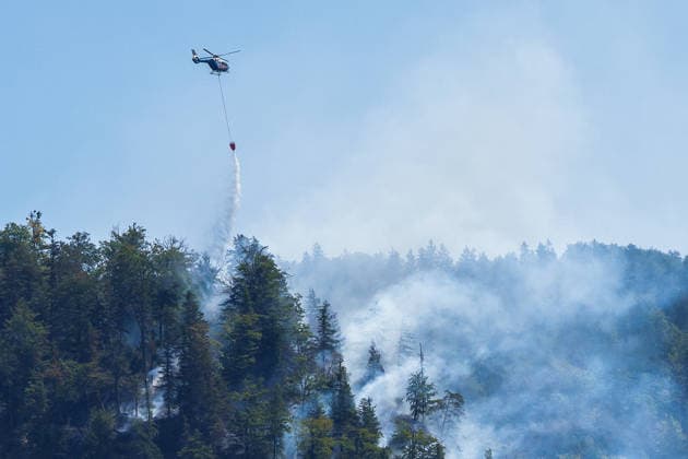 Firefighters battle mountain wildfire near Oberwössen in Bavaria. Germany - Oberwössen, 30.07.2026 Firefighters battle a mountain wildfire above Oberwössen in the Traunstein district of Bavaria on Thursday. Ground crews, supported by police helicopters carrying out bambi buckets, work to contain the blaze in steep and difficult-to-access terrain. Bavaria