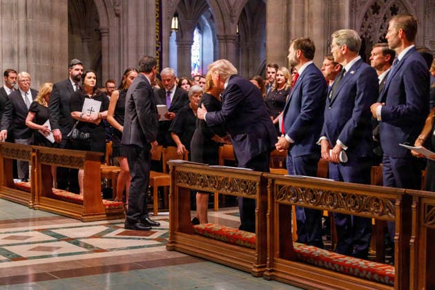 July 30, 2026, Washington, Dc, United States: U.S President Donald Trump, center, embraces Senator Darline Graham, R-SC, sister of senior U.S Senator Lindsey Graham, R-SC, during the memorial service at Washington National Cathedral, July 28, 2026, in Washington, D.C. Washington United States - ZUMAp138 20260730_zaa_p138_056 Copyright: xLcpl.xLynseexAvila-Ramirez UsxMax