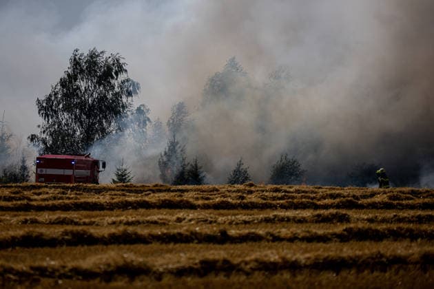Forest fire breaks out in Czech Republic VETRKOVICE, CZECH REPUBLIC - JULY 30: Firefighters battle flames as vegetation and a nearby field burn during a forest fire in Vetrkovice (Moravian-Silesian Region), Czech Republic on July 30, 2026. The fire is being extinguished by 30 units of firefighters, which is approximately 150 firefighters, according to the press spokesperson of the fire department. Also two Black Hawk helicopters and a police Bell. The area affected by the fire is approximately 27 hectares. Lukas Kabon Anadolu Vetrkovice Czech Republic. Editorial use only. Please get in touch for any other usage.  Copyright: x2026xAnadoluxLukasxKabonx