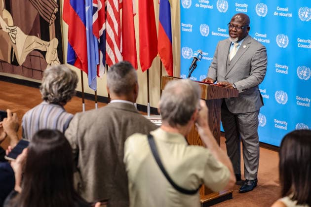 July 30, 2026, New York, New York, United States: ZENON MUKONGO NGAY, President of the United Nations Security Council for July and Permanent Representative of the Democratic Republic of the Congo to the United Nations, briefs reporters following the Security CouncilÃ¢â‚¬â ¢s first informal straw poll on candidates for the next United Nations Secretary-General. In the first round of voting, REBECA GRYNSPAN of Costa Rica emerged as the frontrunner with 10 encouragement votes, followed by CAROLYN RODRIGUES-BIRKETT of Guyana with nine and RAFAEL GROSSI of Argentina with seven. The informal straw poll is part of the Security CouncilÃ¢â‚¬â ¢s process to assess support for candidates before recommending a nominee to the General Assembly. New Yor - ZUMAo116 20260730_znp_o116_004 Copyright: xBiancaxOterox