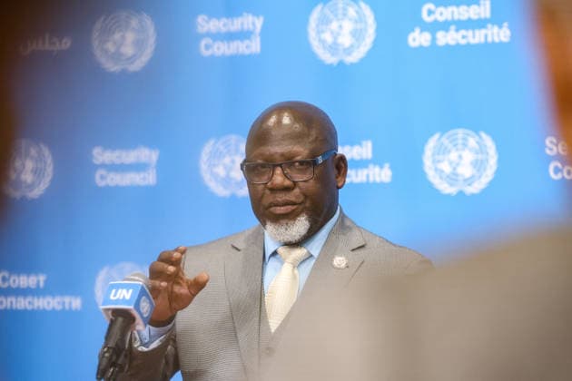 July 30, 2026, New York, New York, United States: ZENON MUKONGO NGAY, President of the United Nations Security Council for July and Permanent Representative of the Democratic Republic of the Congo to the United Nations, briefs reporters following the Security CouncilÃ¢â‚¬â ¢s first informal straw poll on candidates for the next United Nations Secretary-General. In the first round of voting, REBECA GRYNSPAN of Costa Rica emerged as the frontrunner with 10 encouragement votes, followed by CAROLYN RODRIGUES-BIRKETT of Guyana with nine and RAFAEL GROSSI of Argentina with seven. The informal straw poll is part of the Security CouncilÃ¢â‚¬â ¢s process to assess support for candidates before recommending a nominee to the General Assembly. New Yor - ZUMAo116 20260730_znp_o116_001 Copyright: xBiancaxOterox