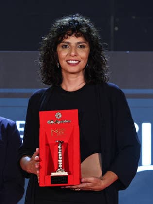 IPA87125996 - Soverato (CZ), Magna Graecia Film Festival - Day 6. Pictured: Irene Maiorino with the Golden Column  Copyright: xMarcoxProvvisionatox xMarcoxProvvisionatox 87125996