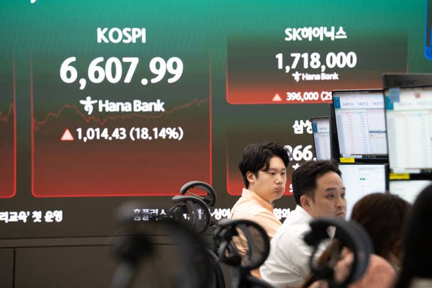 KOSPI closing figure displayed in Seoul trading room SEOUL, SOUTH KOREA - JULY 31: Traders work inside a trading room at Hana Bank in Seoul, South Korea, on July 31, 2026. Hwawon Ceci Lee Anadolu Seoul South Korea. Editorial use only. Please get in touch for any other usage.  Copyright: x2026xAnadoluxHwawonxCecixLeex