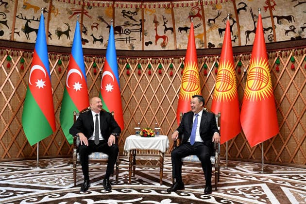 Ilham Aliyev - Kyrgyz President Sadyr Japarov meeting in Kyrgyzstan CHOLPON-ATA, KYRGYZSTAN - JULY 31: (----EDITORIAL USE ONLY - MANDATORY CREDIT - KYRGYZ PRESIDENCY HANDOUT - NO MARKETING NO ADVERTISING CAMPAIGNS - DISTRIBUTED AS A SERVICE TO CLIENTS----) Azerbaijani President Ilham Aliyev and Kyrgyz President Sadyr Japarov meet in the city of Cholpon-Ata on the shores of Lake Issyk-Kul, on July 31, 2026 in Cholpon-Ata, Kyrgyzstan. Kyrgyz Presidency Handout Anadolu Cholpon-ata Kyrgyzstan. Editorial use only. Please get in touch for any other usage.  Copyright: x2026xAnadoluxKyrgyzxPresidencyx xHandoutx