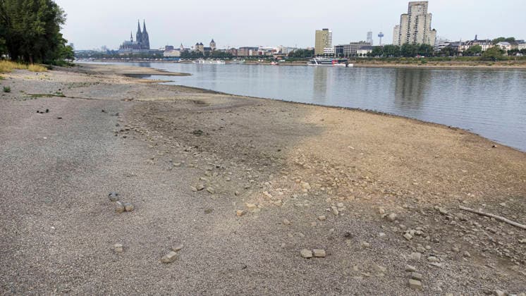 Niedrigwasser am Rhein in Koeln (Foto vom 31.08.2026). Die Pegelstaende im Rhein grenzen teils an Tiefstwerten. In Koeln wird ein historischer Tiefstand befuerchtet. Das Niedrigwasser hat massive Auswirkungen auf die Schifffahrt. Gueterschiffe muessen ihre Ladung teils um mehr als die Haelfte reduzieren, Personenfahrten fallen teilweise aus. EDITORIAL USE ONLY *** Low Water Levels on the Rhine in Cologne; Photo from August 31, 2026. Water levels on the Rhine are approaching record lows in some areas. In Cologne, a historic low is feared. The low water levels are having a massive impact on shipping; some cargo ships must reduce their cargo by more than half, and some passenger services are being canceled. EDITORIAL USE ONLY Copyright: epd-bild GuidoxSchiefer epd--Koeln_Niedrigwasser4-kopieren