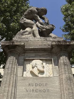 Rudolf-Virchow-Denkmal von 1910 ist ein historisches Kunstwerk von Fritz Klimsch, das den Kampf des Menschen gegen Krankheiten zeigt. Medizin, Forschung, Wissenschaft, Rudolf Virchow. Rudolf Ludwig Karl Virchow (13. Oktober 1821Schivelbein, Pommern, Königreich Preußen, 5. September 1902, Berlin) war ein deutscher Arzt und berühmter Pathologe. In Berlin arbeitete er an der Charité. Zudem wirkte er als liberaler Politiker. Er war Mitglied im Preußischen Abgeordnetenhaus sowie im Deutschen Reichstag. Er setzte sich für bessere Hygiene, sauberes Wasser und Volksgesundheit ein. Berühmt sein Ausspruch: omnis cellula e cellula (Jede Zelle entsteht aus einer Zelle) . Zu seinen großen Leistungen gehört die Erforschung der Leukämie sowie zur Entst Copyright: imageBROKER FotothekxMaixLeipzig ibljwp18638170.jpg