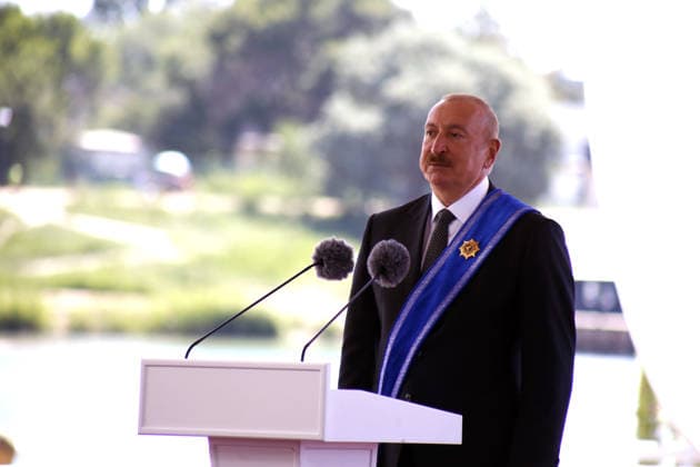 Ilham Aliyev - Kyrgyz President Sadyr Japarov meeting in Kyrgyzstan CHOLPON-ATA, KYRGYZSTAN - JULY 31: Azerbaijani President Ilham Aliyev delivers remarks following the third meeting of the Kyrgyzstan-Azerbaijan Interstate Council and a signing ceremony at the Ruh Ordo Chingiz Aitmatov Cultural Center on the shores of Lake Issyk-Kul, on July 31, 2026 in Cholpon-Ata, Kyrgyzstan. Aliyev met with Kyrgyz President Sadyr Japarov during his visit to the country. Nazir Aliyev Tayfur Anadolu Cholpon-ata Kyrgyzstan. Editorial use only. Please get in touch for any other usage.  Copyright: x2026xAnadoluxNazirxAliyevxTayfurx