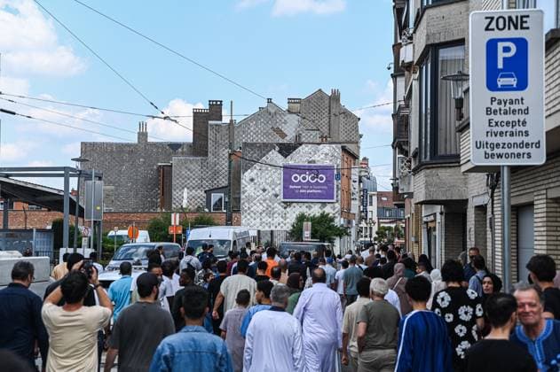 a funeral procession in the streets during the funeral ceremony of Driss Atounane, in Brussels. The Schaerbeek resident was attacked on July 23 on the No. 55 tram while reportedly stepping in to defend a female passenger who was the target of racist and Islamophobic remarks from another passenger on the bus.  EMILExWINDAL 182475209