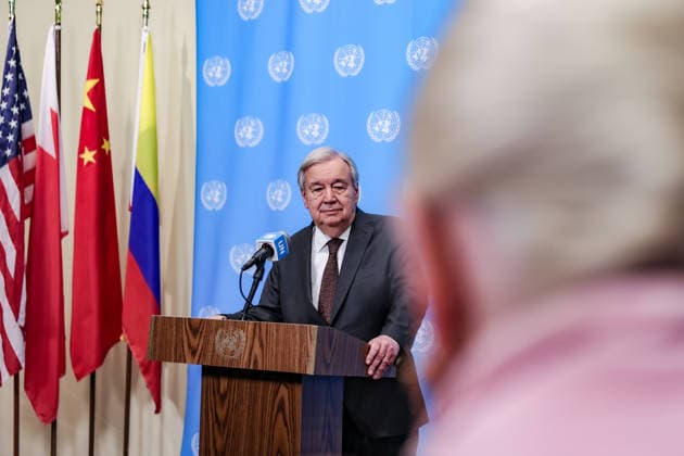 July 31, 2026, New York, New York, United States: United Nations Secretary General, ANTONIO GUTERRES takes questions from a journalistat the Security Council stakeout at UNHQ. Guterres discussed his recent visits to Syria, Jordan and Cyprus, the conflict in the Middle East, including the announced roadmap for Hamas to relinquish its weapons and for Israel to withdraw from Gaza, and the growing global impacts of extreme heat and climate change. New York United States - ZUMAo116 20260731_znp_o116_048 Copyright: xBiancaxOterox