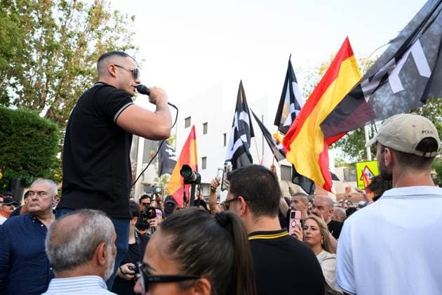 July 31, 2026, Madrid, Spain: MADRID, SPAIN Ã¢â‚¬ JULY 31, 2026: Participants attend a demonstration outside the Moroccan Embassy in Madrid, called by the far-right groups Falange EspaoÂ±ola and NoÂºcleo Nacional, following recent migrant arrivals through Spain s North African enclave of Ceuta. Protesters wave Spanish flags, display banners and chant slogans during the demonstration, while some participants are seen making gestures commonly associated with Nazi salutes. Madrid Spain  - ZUMAq101 20260731_zna_q101_212 Copyright: xTomasxCallex