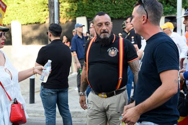 July 31, 2026, Madrid, Spain: MADRID, SPAIN Ã¢â‚¬ JULY 31, 2026: Participants attend a demonstration outside the Moroccan Embassy in Madrid, called by the far-right groups Falange EspaoÂ±ola and NoÂºcleo Nacional, following recent migrant arrivals through Spain s North African enclave of Ceuta. Protesters wave Spanish flags, display banners and chant slogans during the demonstration, while some participants are seen making gestures commonly associated with Nazi salutes. Madrid Spain - ZUMAq101 20260731_zna_q101_214 Copyright: xTomasxCallex