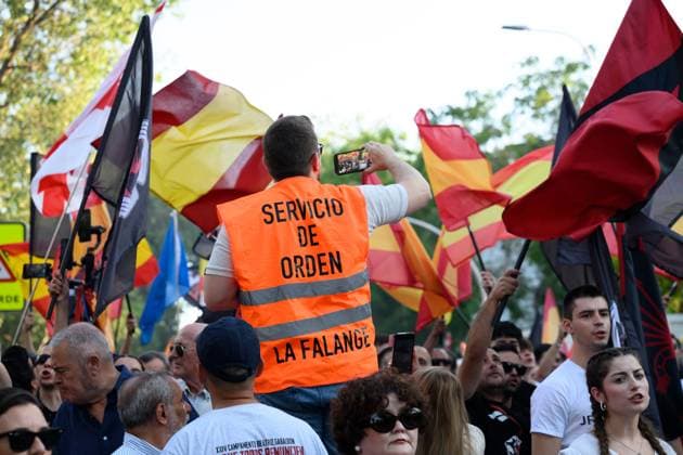 July 31, 2026, Madrid, Spain: MADRID, SPAIN Ã¢â‚¬ JULY 31, 2026: Participants attend a demonstration outside the Moroccan Embassy in Madrid, called by the far-right groups Falange EspaoÂ±ola and NoÂºcleo Nacional, following recent migrant arrivals through Spain s North African enclave of Ceuta. Protesters wave Spanish flags, display banners and chant slogans during the demonstration, while some participants are seen making gestures commonly associated with Nazi salutes. Madrid Spain - ZUMAq101 20260731_zna_q101_224 Copyright: xTomasxCallex