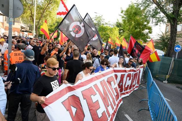 July 31, 2026, Madrid, Spain: MADRID, SPAIN Ã¢â‚¬ JULY 31, 2026: Participants attend a demonstration outside the Moroccan Embassy in Madrid, called by the far-right groups Falange EspaoÂ±ola and NoÂºcleo Nacional, following recent migrant arrivals through Spain s North African enclave of Ceuta. Protesters wave Spanish flags, display banners and chant slogans during the demonstration, while some participants are seen making gestures commonly associated with Nazi salutes. Madrid Spain - ZUMAq101 20260731_zna_q101_227 Copyright: xTomasxCallex