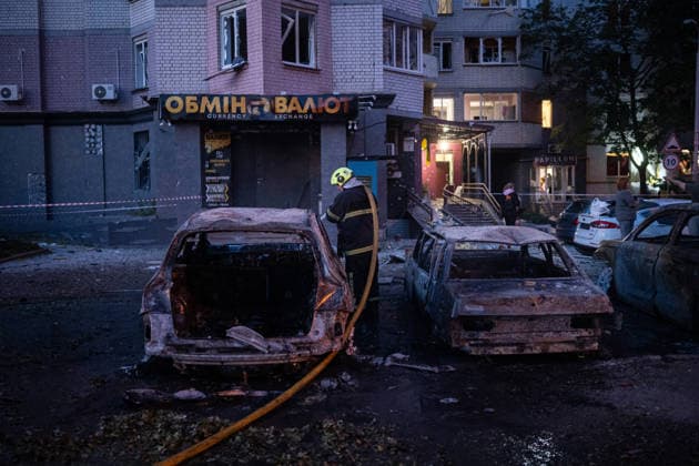 9 killed, 27 injured in Russian missile attacks on Kyiv KYIV, UKRAINE - AUGUST 01: Firefighters work at the site of buildings damaged after a Russian missile attack struck Kyiv, Ukraine, on August 01, 2026. At least nine people were killed and 27 others injured in Russian ballistic missile strikes across Kyiv, the State Emergency Service of Ukraine Danylo Antoniuk Anadolu Kyiv Ukraine. Editorial use only. Please get in touch for any other usage.  Copyright: x2026xAnadoluxDanyloxAntoniukx