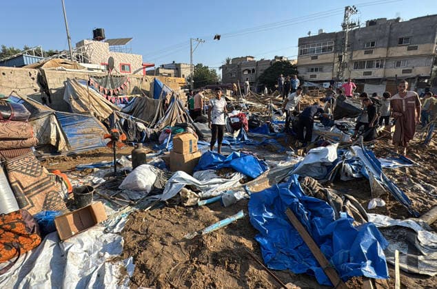 Displaced Palestinians inspect damage after Israeli strike in Deir al-Balah Displaced Palestinians inspect the damage to their tents and belongings following an Israeli airstrike that targeted the medical supplies and pharmaceuticals warehouse of Al-Aqsa Martyrs Hospital in Deir al-Balah, central Gaza Strip, on August 1, 2026. The strike caused extensive destruction to the warehouse and to tents sheltering displaced Palestinians near the targeted site. Photo by Ahmed Ibrahim apaimages Deir al-Balah Gaza Palestinian Territory 010826_Deir_al-Balah_AI_00(25) Copyright: xapaimagesxAhmedxIbrahimx xapaimagesx