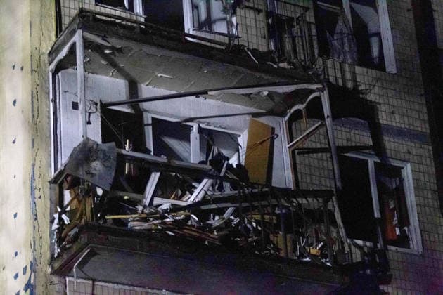A damaged balcony is part of a five-storey apartment block that was partially destroyed in an overnight Russian strike in the Solomianskyi district, Kyiv, Ukraine, August 1, 2026. The attack caused partial collapse and fire in the building. Rescue workers evacuated 35 residents from the upper floors. Two people were killed and eight injured. (Photo by Kyrylo Chubotin Ukrinform) Russian attack damages apartment block in Kyiv’s Solomianskyi district  Copyright: xKyryloxChubotinx