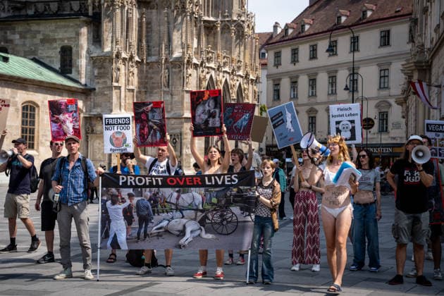 Animal rights activists stage vegan awareness protest in Vienna Animal rights activists hold banners and placards during a vegan awareness protest in central Vienna, Austria, on August 1, 2026. Demonstrators called for an end to animal exploitation and promoted plant-based living. Vienna Vienna Austria Copyright: xxFikretxOzgurx